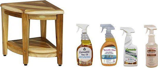 EcoDecors SnazzyCorner 18" Teak Shower Bench, 300 lb Capacity, Fully Assembled + Loveable 4 Pack Care Bundle - ModernBath