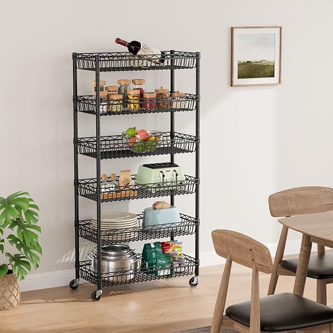 6 Shelves Storage Shelf Wire Closet Bathroom Organizers Metal Pantry Kitchen Garage Shelving Unit Laundry Room Organization Home Rack Net Basket Black with Wheels 30" Dx14 Wx65 H - ModernBath