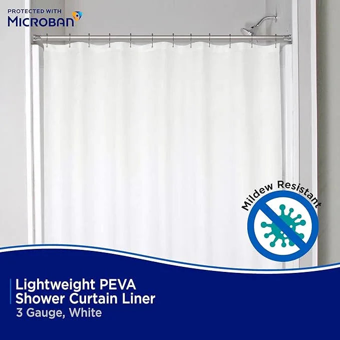 Kenney MB61121PK2 Microban Protected Lightweight 2.8 Gauge Waterproof PEVA Shower Curtain Liner with Durable Eyelet Hang Holes and Weighted Magnetic Hem for Bathroom, 70" W x 72" H, White, 2-Pack - ModernBath