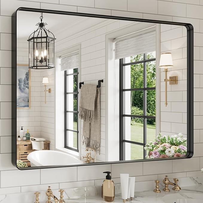 WEER Black Bathroom Mirror for Wall, 50X36 Inch Matte Black Mirror, Rectangular Black Metal Framed Vanity Mirror with Tempered Glass, Rounded Corner, Anti-Rust (Horizontal/Vertical) - ModernBath