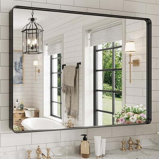 WEER Black Bathroom Mirror for Wall, 48X40 Inch Matte Black Mirror, Rectangular Black Metal Framed Vanity Mirror with Tempered Glass, Rounded Corner, Anti-Rust (Horizontal/Vertical) - ModernBath