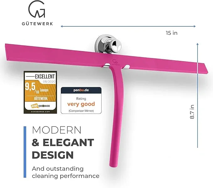GÜTEWERK Shower Squeegee for Glass Doors, Silicone Window Squeegee, Bathroom and Glass Cleaning - Pink - 15 Inch - ModernBath