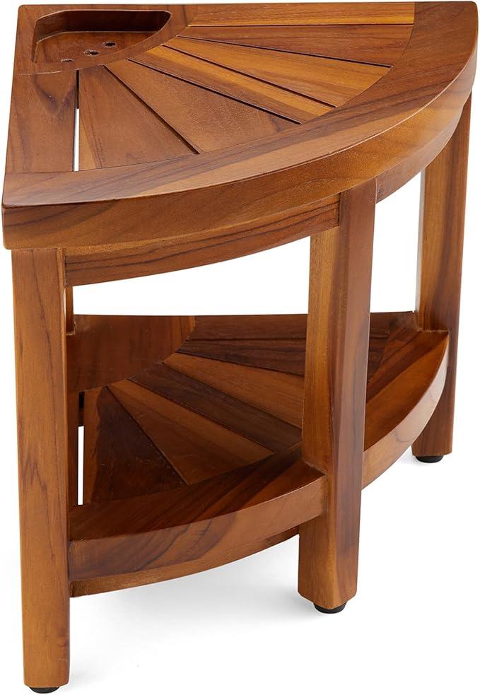 TeakCraft Corner Teak Shaving & Foot Rest with Shelf, 12" Fully Assembled, The Tilos - ModernBath
