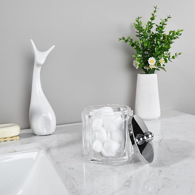 Indecor Home Clear Transparent Apothecary Octagional Shaped Glass Canister Jar With Silver/Chrome Metal Lid Cover for Bathroom Organization, Cotton Balls, Q Tips, and Small Accessories, Bath Storage - ModernBath