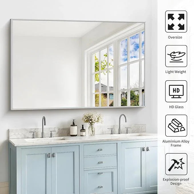 COFENY 40x60inch Silver Bathroom Mirror, Silver Rectangle Mirror with Frame, Large Rectangular Wall Mirrors for Bathroom, Living Room, Hair Salon, Big Farmhouse Mirror Hang Horizontal/Vertical - ModernBath