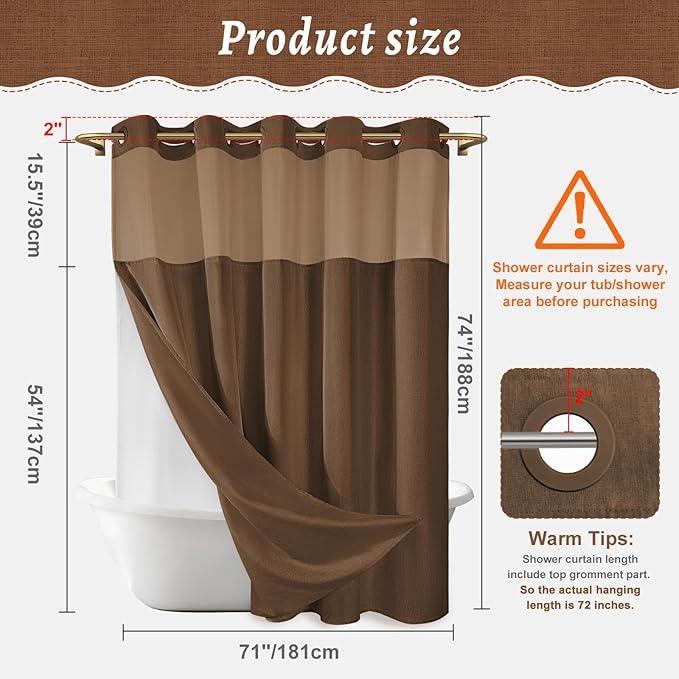 WONICY No Hook Brown Shower Curtain and Liner, Linen-Look Polyester Textured Shower Curtain with Snap in Liner, Waterproof & Washable Bath Curtains for Bathroom, 71Wx74H - ModernBath