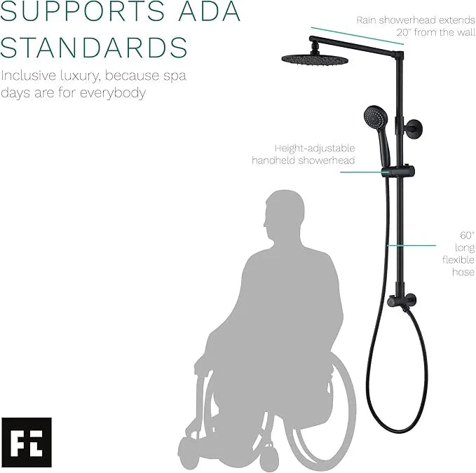 Fennocasa Polaris 3 Rain Shower System, 8” Rainfall Shower Head and Handheld Shower Combo, includes 3-Setting Handheld Spray, Height Adjustable Shower Wand Holder, 60” Hose (2.5 GPM Matte Black) - ModernBath