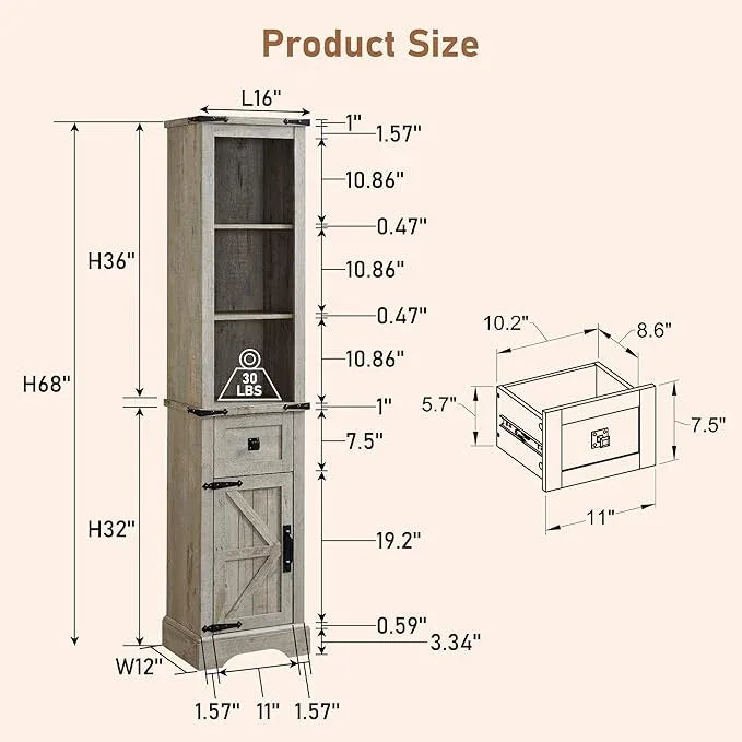 RedLemon Farmhouse Slim Bathroom Storage Cabinet, 68" Tall with Drawer & Adjustable Shelves, Rustic Narrow Storage Cabinet for Living Room, Bathroom, Kitchen, Light Rustic Oak - ModernBath