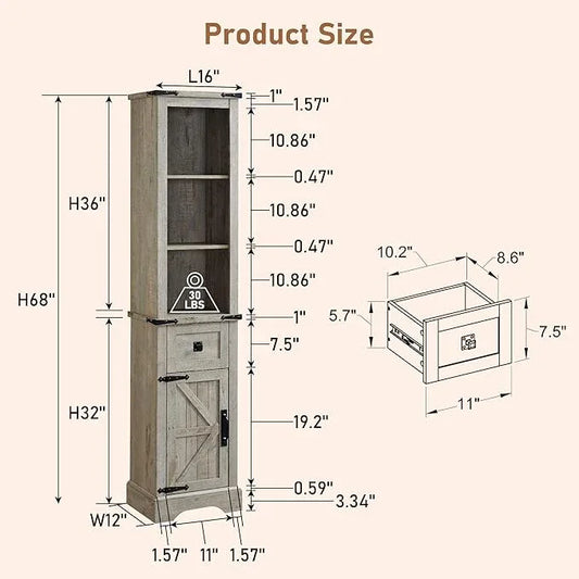 OKD Bathroom Storage Cabinet, Farmhouse Storage Cabinet with Adjustable Shelves & Drawer, Tall Linen Tower for Bathroom, Living Room, Light Rustic Oak - ModernBath