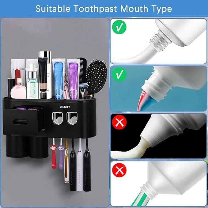 Multifunctional Wall-Mounted Toothbrush Holder, Automatic Toothpaste Dispenser Space Saving Toothbrush and Toothpaste Holder, with 2 Cups and Drawers Cosmetic Organizer (Black 2 Dispensers) - ModernBath