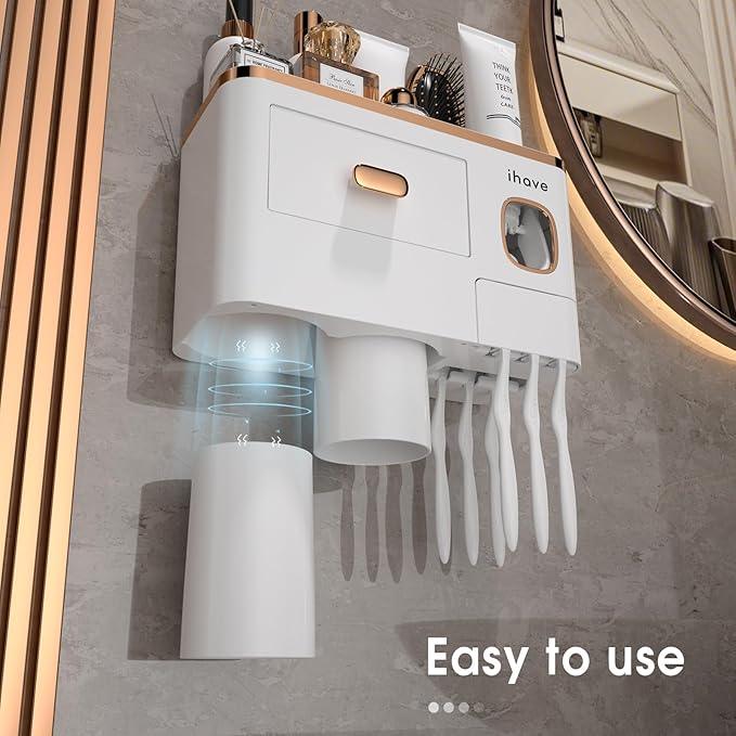 iHave Toothbrush Holders Wall Mounted with Toothpaste Dispenser & 2 Cups - Premium White and Gold Design for Bathroom Decor, All-in-One Bathroom Organizers & Storage for Toothbrushes and Accessories - ModernBath