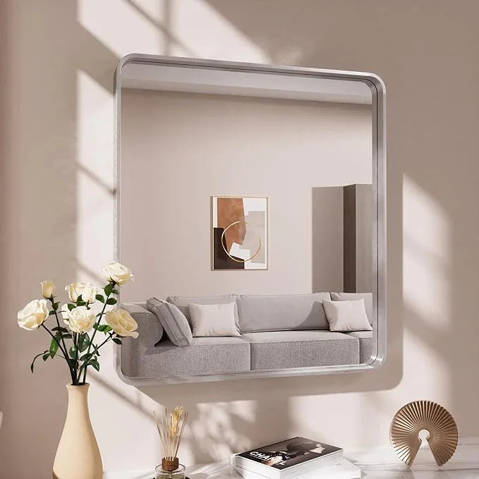 JISOSO Brushed Nickel Bathroom Mirror, 30x36 Inch Thick Silver Metal Rectangle Frame Wall Mirror, Modern Round Corner Bathroom Vanity Mirror for Over Sink, Bedroom, Living Room, Entryway - ModernBath