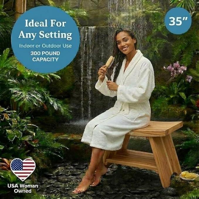 EcoDecors 35 Inch Serenity Teak Shower Bench – Waterproof Bathroom Seat with Large Storage Shelf For Adults & Seniors | Spa-Style Teak Wood Stool with Non-Slip Feet, Elegant Finish, 300 Pound Capacity - ModernBath