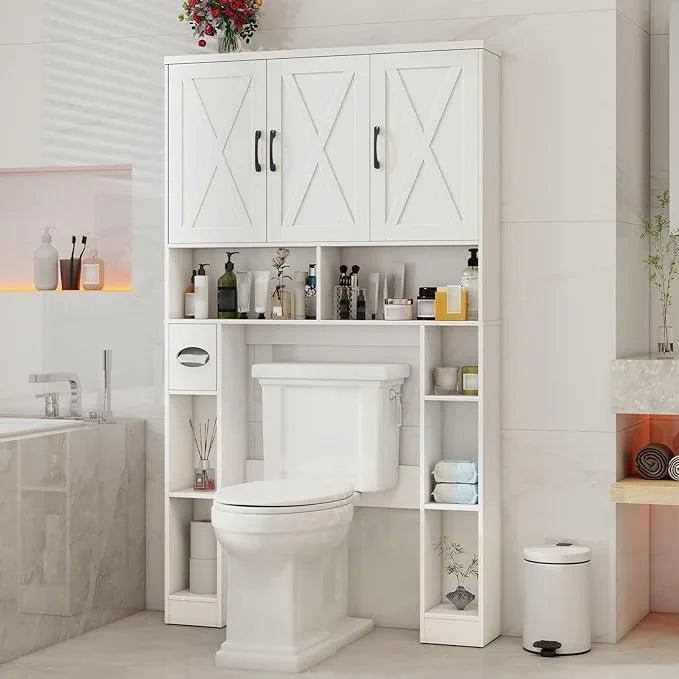 Over The Toilet Storage Cabinet, Farmhouse Toilet Cabinet Rack with 3 Barn Doors, Space Saving Bathroom Organizer with Shelves, Toilet Paper Holder and Towel Rack for Bathroom,Restroom,Laundry, White - ModernBath