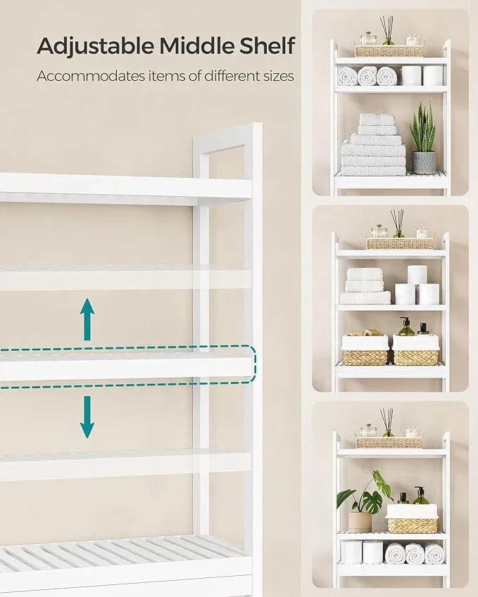 SONGMICS Over The Toilet Storage, 3-Tier Over Toilet Bathroom Organizer with Adjustable Shelf, 10.2 x 24.8 x 66.9 Inches, Space-Saving, Cloud White UBTS01WT - ModernBath