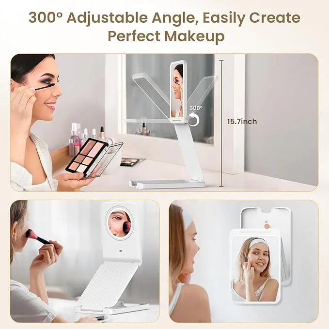 LAMPICK Travel Makeup Mirror with Lights, Foldable 1X Vanity Lighted Mirror with 10X Magnification, Rechargeable 1500mAh, Dimmable Touch Screen, Freely Adjust Height and Angle - ModernBath