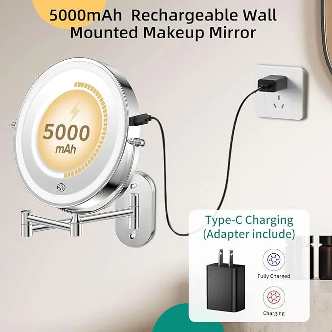 FUNTOUCH 5000mAh Rechargeable Wall Mounted Makeup Mirror with Lights,Double Sided 1X/30X Magnification,3 Color Lights,Touch Dimmable,Extended Arm 360 Rotation Lighted Bathroom Mirror - ModernBath