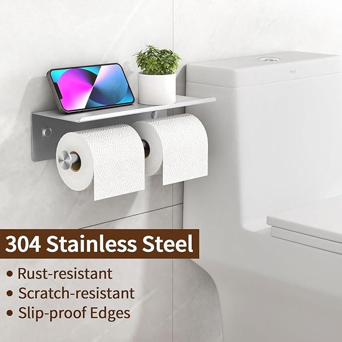 YUMORE Toilet Paper Holder, 304 Stainless Steel Bathroom Double Roll Tissue Holder with Shelf, Wall Mounted Washroom Dual TP Dispenser Storage, Flushable Wipes Dispenser, Brushed Nickel Finish - ModernBath