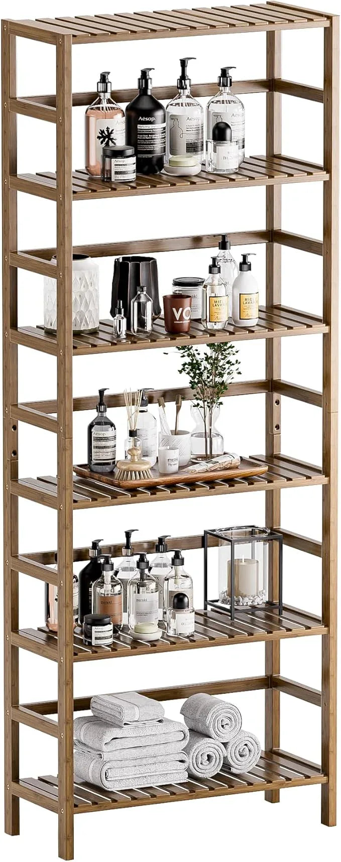 HITNET Bookcase, Bamboo Bookshelf, 6-Tier Adjustable Tall Open Book Shelf, Free Standing Storage Shelves Organizer, Flower Plant Display Stand, Walnut - ModernBath