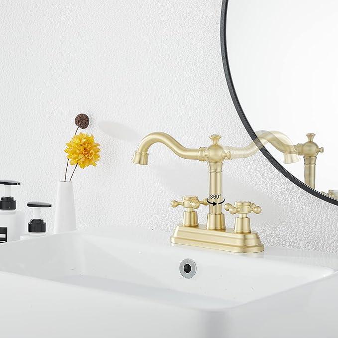 Bathroom Faucet Brushed Gold GGStudy 2 Handles 4 Inches Centerset Bathroom Vanity with Drain Assembly and Supply Hose Lavatory Mixer Double Handle Tap - ModernBath
