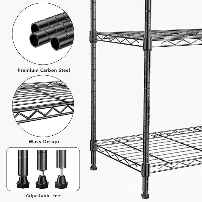 1250 lbs 5 Tier Shelf Metal Storage Shelves Wire Rack Closet Organizers with Wheel for Garage Kitchen Bathroom Laundry Black 13.7" D x 23.6" W x 62.4" H - ModernBath