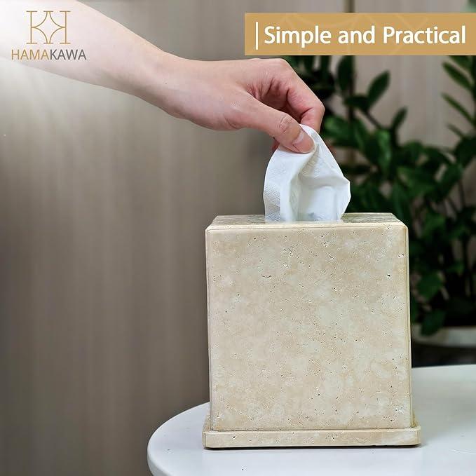 HAMAKAWA Natural Marble Tissue Box Cover, Beige Tissue Organizer 6 x 6 x 6 Inch, Heavy Stone Decorative Box, Square Tissue Box Holder for Home Decor, Kitchen, Bathroom, Bedroom - ModernBath