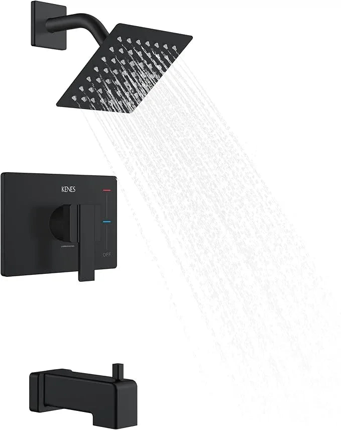KENES Tub Shower Faucet Set Complete, Matte Black Tub and Shower Trim Kit with 6-Inch Rain Shower Head, Square Shower System, KE-6025A-2 (Shower Valve Included) - ModernBath