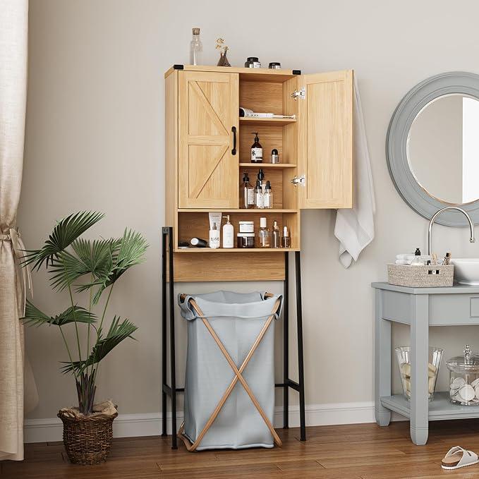 Over The Toilet Storage Cabinet with 2-Door Design Bathroom Organizers and Storage with Anti-Tip Device Over Toilet Organizer with Shelves for Bathroom,Restroom,Laundry Natural - ModernBath