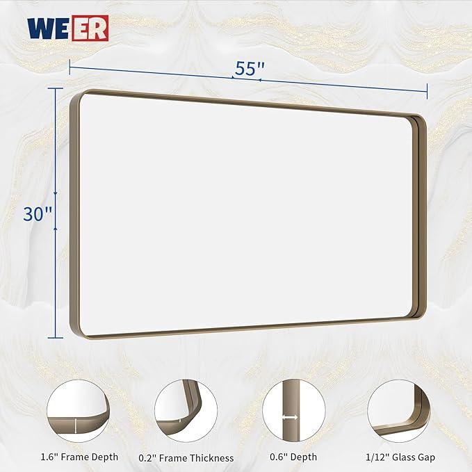 WEER 55x30 Inch Bronze Bathroom Mirror for Vanity, Brushed Bronze Metal Frame Rounded Rectangle Mirror with Tempered Glass, Anti-Rust (Horizontal/Vertical) - ModernBath