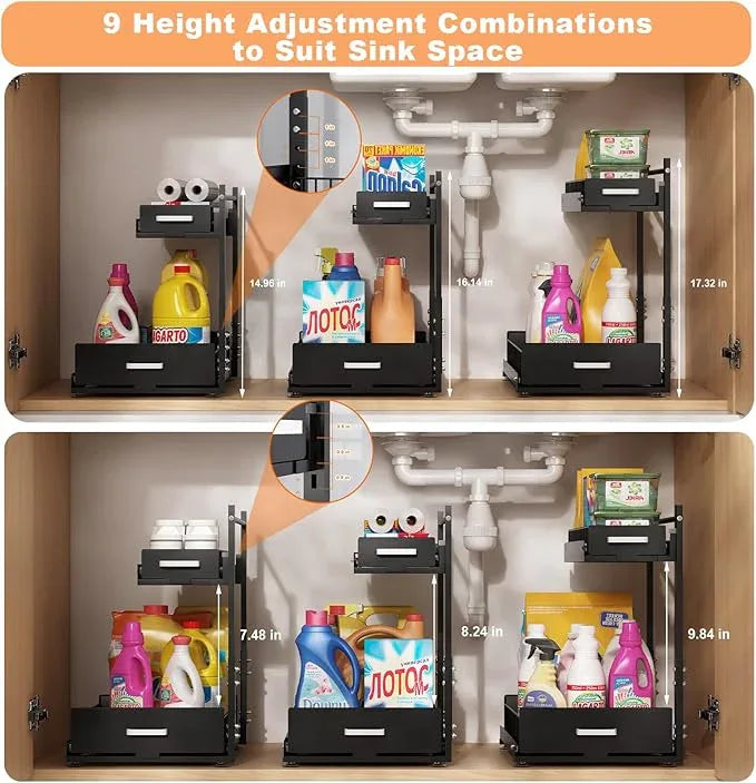Under Sink Organizer,2 Tier Slide Out Kitchen Cabinet Organizers with Pulley,Under Bathroom Sink Pull Out Organizer with Multiple Height Adjustments for Kitchen and Bathroom Cabinets(Black) - ModernBath