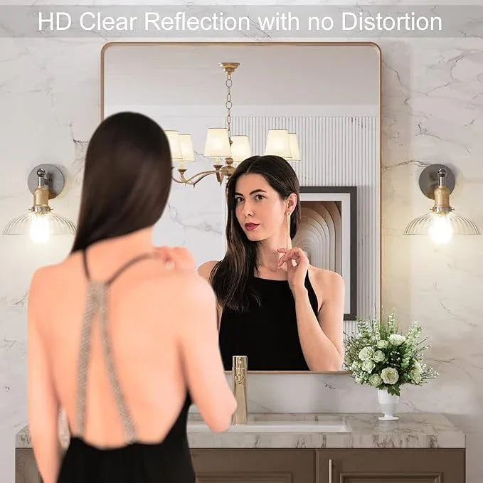 LOAAO 30”X36” Gold Bathroom Mirror, Rounded Rectangle Gold Frame Mirror, Brushed Gold Bathroom Vanity Mirror Wall-Mounted, Anti-Rust, Tempered Glass, Hangs Horizontally or Vertically - ModernBath