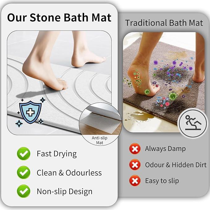 Stone Bath Mat Diatomaceous Earth: Quick Drying Shower Mat Non-Slip Super Absorbent Bathroom Mat, Easy to Clean & Odorless Diatomite Bathmats for Bathroom Floor, White - ModernBath