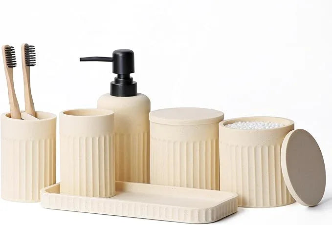 INIUNIK Bathroom Accessory Set - 6 Pieces Bathroom Accessories Set Complete with Soap Dispenser, Toothbrush Holders, Tumbler, Vanity Tray and 2 Qtip Holder for Home Organizer and Decor, Beige - ModernBath