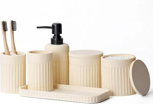 INIUNIK Bathroom Accessory Set - 6 Pieces Bathroom Accessories Set Complete with Soap Dispenser, Toothbrush Holders, Tumbler, Vanity Tray and 2 Qtip Holder for Home Organizer and Decor, Beige - ModernBath