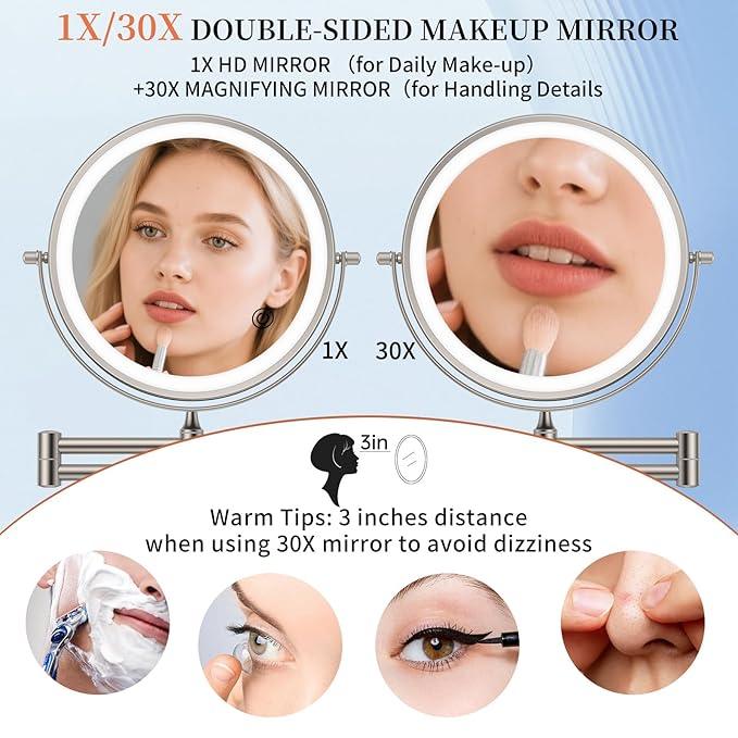 FUNTOUCH 9" 5000mAh Rechargeable Wall Mount Makeup Mirror with Lights, 30X/1X Magnifying Double Sided Mirror, 3 Color Lights,Touch Dimmable, 360 Rotation Extended Arm with Adapter,Brush Nickel - ModernBath