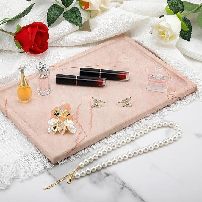 Real Luxurious Natural Marble Tray - 12x8 Inch Marble Vanity Tray for Perfume Display, Jewelry Organizer, Bathroom & Home Decor -Heavy Duty Non-Slip Stone Tray (Non-Resin/Non-Ceramic)（Pink） - ModernBath