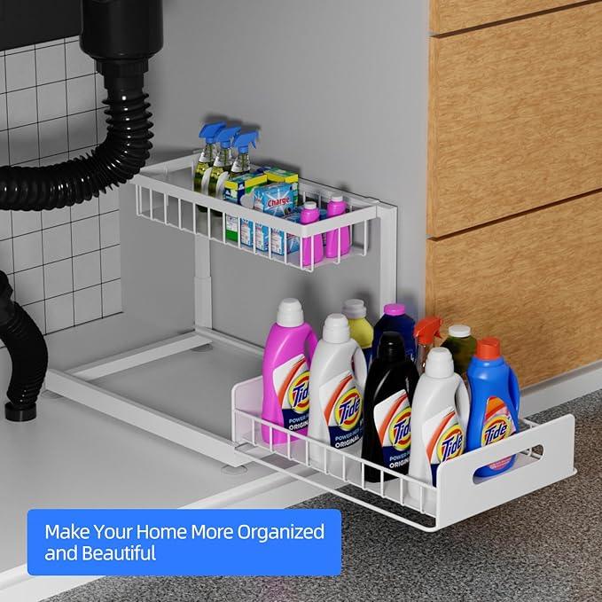2-Tier Under Sink Slide Out Organizer, 2 Pack Pull Out Cabinet Storage Shelf with Sliding Wire Basket Drawer for Bathroom Kitchen, Countertop or Pantry Shelf, White - ModernBath