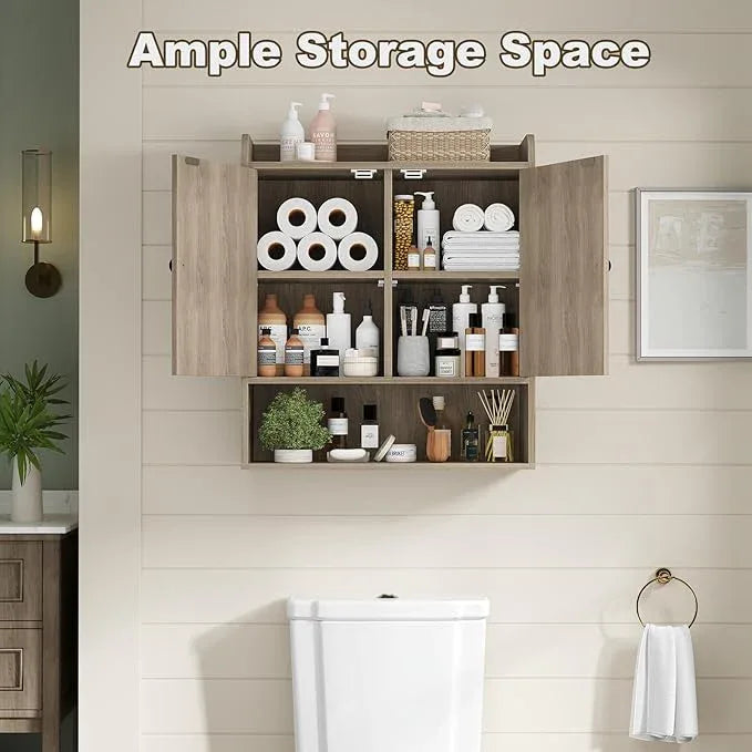 EasyCom 22" W x 26" H Bathroom Wall Cabinet, Farmhouse Medicine Cabinet with Adjustable Shelves and Double Barn Doors, Over The Toilet Storage Cabinet for Bathroom, Kitchen, Living Room, Oak Grey - ModernBath