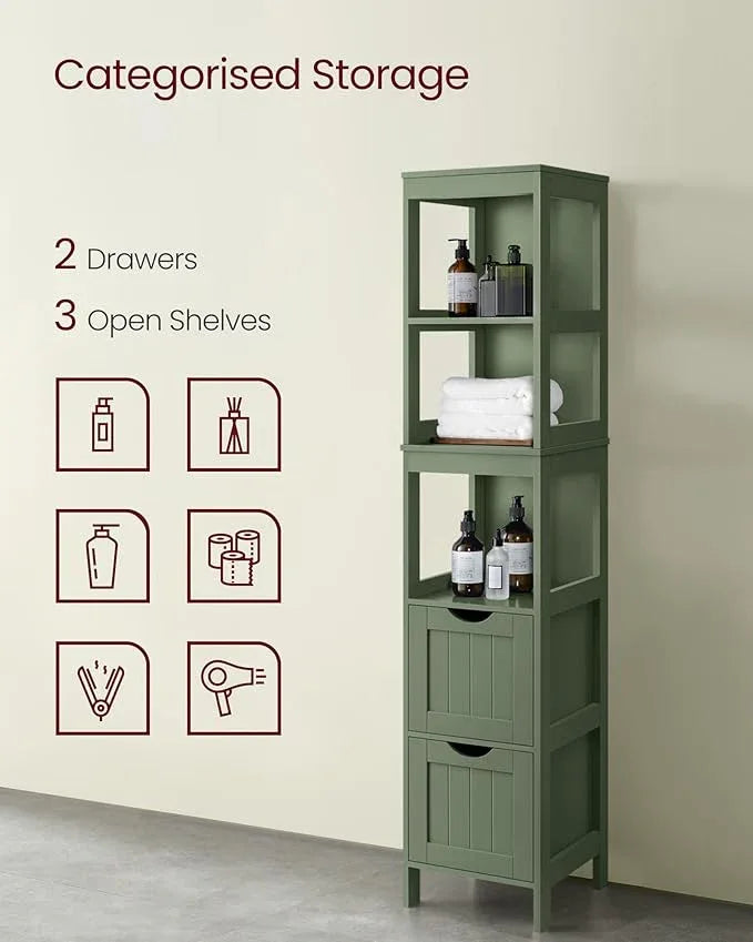 VASAGLE Storage Cabinet, Storage Organizer Rack Stand for Bathroom, Living Room, Bedroom, Multifunctional Corner Unit, 2 Drawers, 55.7 Inches in Height, Forest Green UBBC066C01 - ModernBath