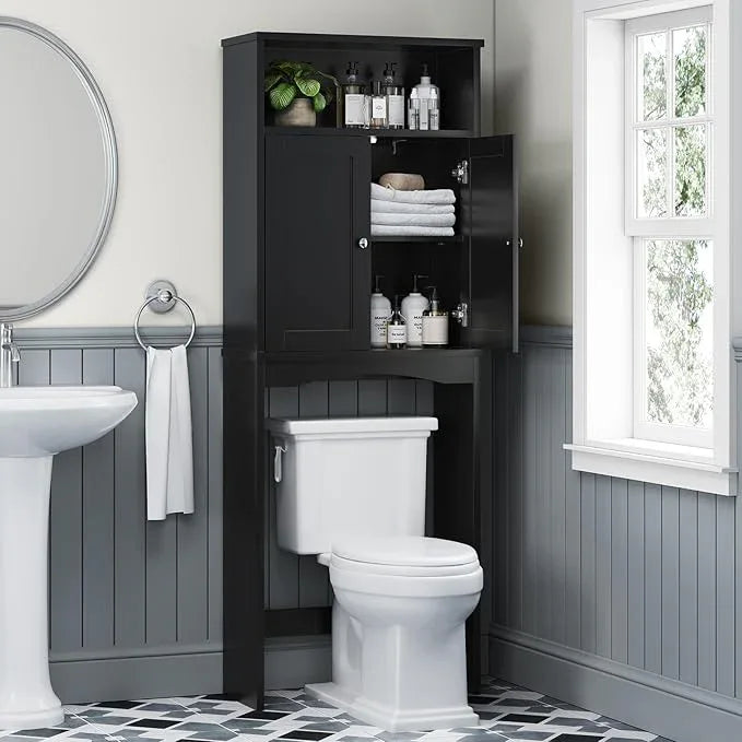 Over The Toilet Storage Cabinet, Over Toilet Bathroom Organizer with Adjustable Shelf and Double Door, Over The Toilet Cabinet for Bathroom Storage Over The Toilet Bathroom Organizer, Black - ModernBath