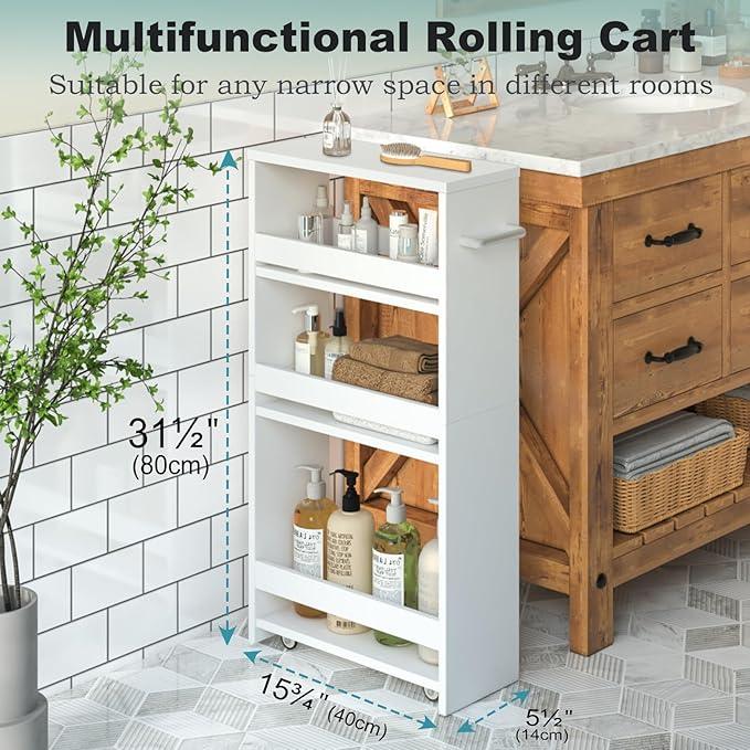 MARTY White Slim Storage Cart with Wheels, 4 Tier Rolling Utility Cart with Handle Slide Out Shelving Unit Organizer Trolley for Laundry Kitchen Bathroom Narrow Places Small Corner - ModernBath