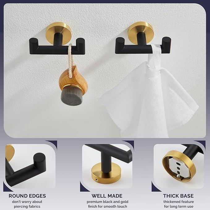 Angle Simple Towel Double Hook Black & Gold, 2 PCS Stainless Steel Bathroom Towel Holder, Dual Robe Coat Hook for Wall - ModernBath