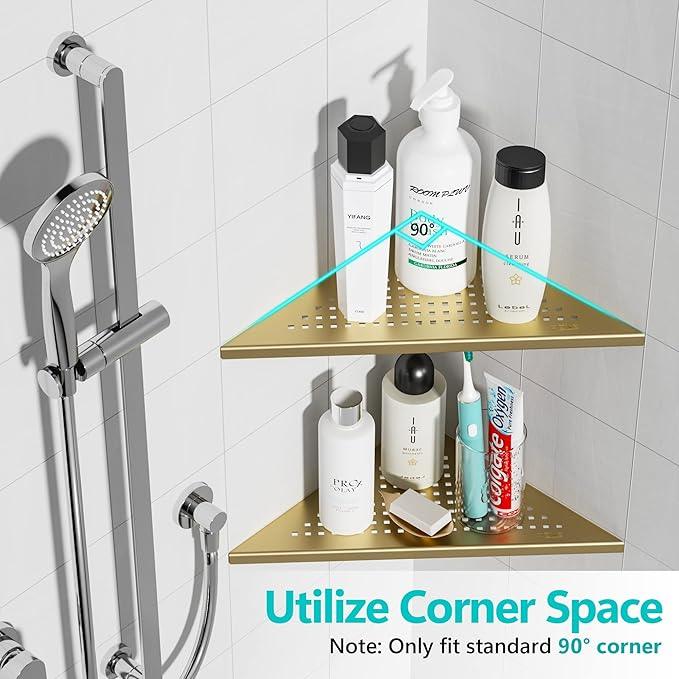 Corner Shower Shelves, 10” Recessed Tile Shower Shelf Brushed Golden, 304 Stainless Steel Grout in Corner Tile Shower Shelves, No Drilling, 2 Pack - ModernBath