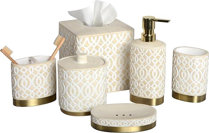 6-Piece Bathroom Accessories Set – Soap Dispenser, Toothbrush Holder, Tumbler, Soap Dish, Cotton Swab Jar & Toilet Brush – Modern Bathroom Decor Set (Solana) - ModernBath