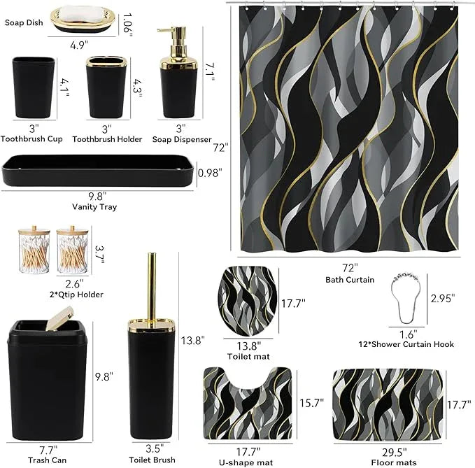 XLHOMO Bathroom Set - Black and Gold Bathroom Accessories, Bathroom Sets with Shower Curtain and Rugs, Black Shower Curtain Set with Bathroom Trash Can, Soap Dispenser, Soap Dish for Home Decor - ModernBath