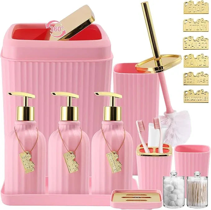 WSBArt 17PCS Bathroom Accessory Set Pink Bathroom Set Bathroom Accessories,Toilet Brush, Trash Can, Qtip Holder Dispenser& 3PCS Soap Dispenser - ModernBath