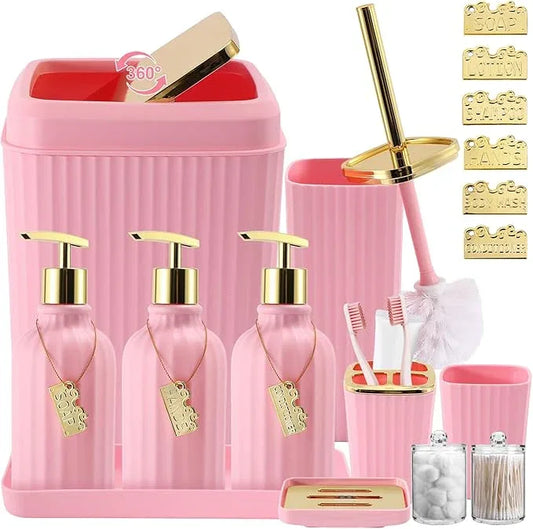 WSBArt 17PCS Bathroom Accessory Set Pink Bathroom Set Bathroom Accessories,Toilet Brush, Trash Can, Qtip Holder Dispenser& 3PCS Soap Dispenser - ModernBath