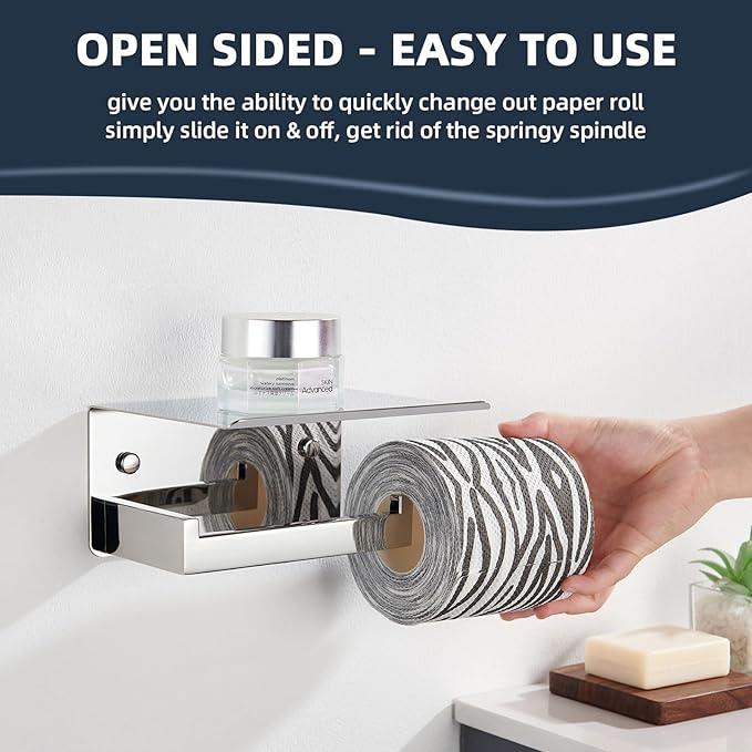 Angle Simple Toilet Paper Holder with Shelf Polished Chrome, 304 Stainless Steel Toilet Tissue Roll Holder Wall Mount - ModernBath