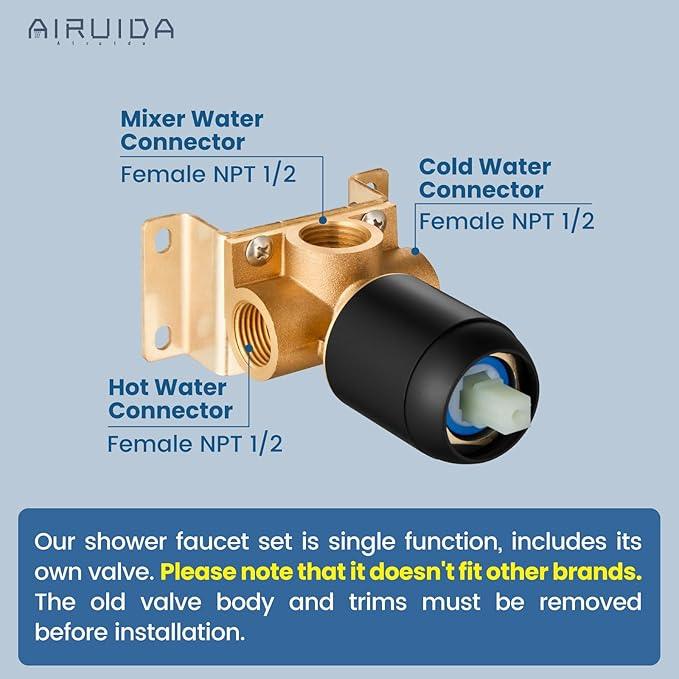 Airuida Shower Faucet Set Bathroom Rain Shower System 8 Inch Square Showerhead Single Function 1 Handle Trim Kit with Female Thread Rough-in Valve Cover Plate with H and C Labels Matte Black - ModernBath