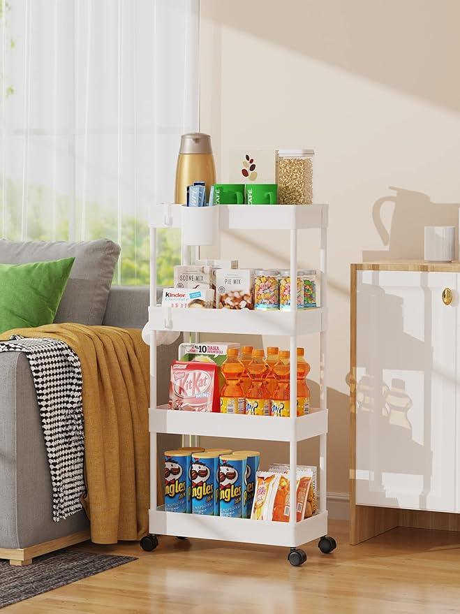 LEHOM Slim Rolling Storage Cart - 4 Tiers Bathroom Organizer Utility Cart Slide Out Storage Shelves Mobile Shelving Unit for Kitchen, Bedroom, Office, Laundry Room, Small Narrow Spaces (7.1" W+White) - ModernBath